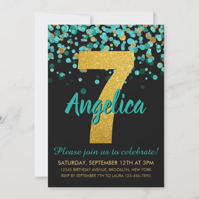 Invitación Cute Verde azulado Purpurina de oro negro Confetti (Anverso)
