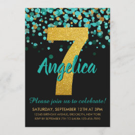 Invitación Cute Verde azulado Purpurina de oro negro Confetti