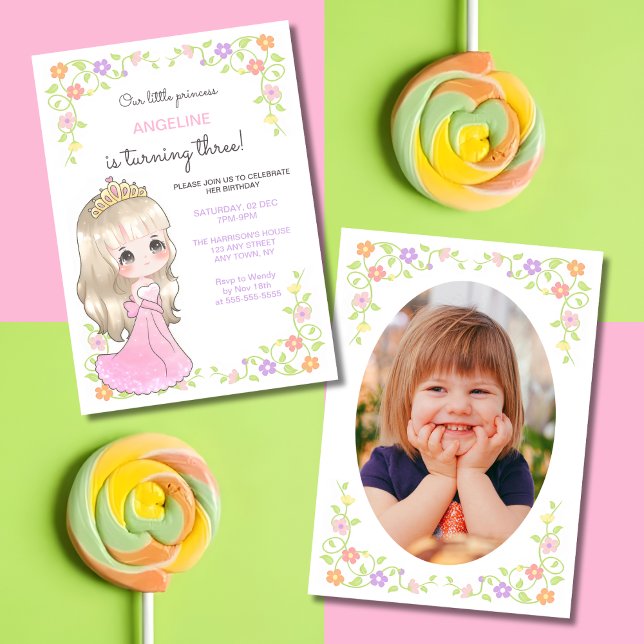Invitación Cute Vestido Rosa Princesa Foto Floral Cumpleaños (Subido por el creador)