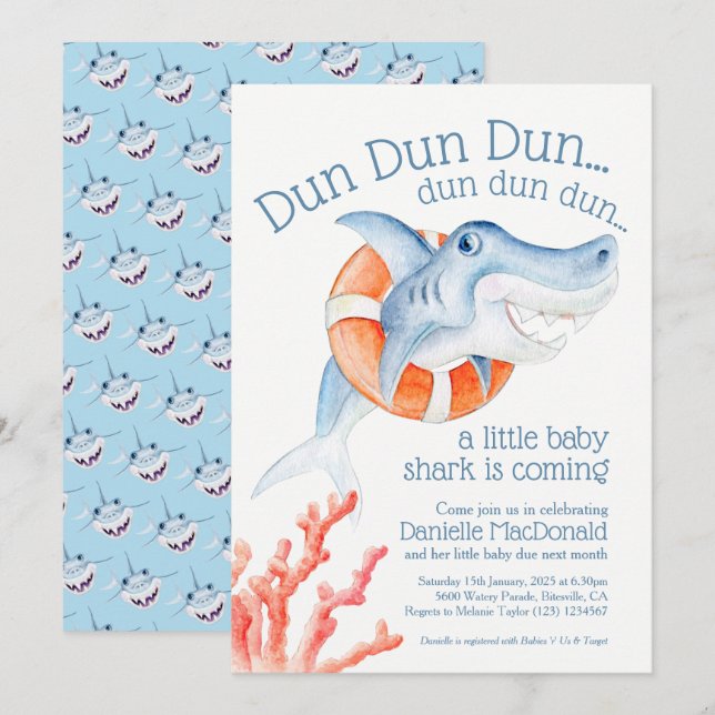 Invitación Cute vida salvaje bebé tiburón acuarela ducha bebé (Anverso / Reverso)