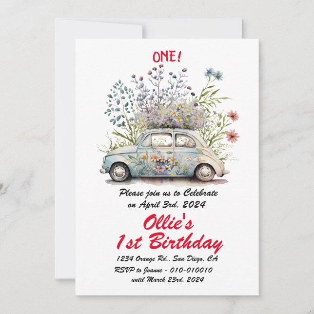 Invitación Cute Vintage Car Fiesta de primer cumpleaños (Anverso)