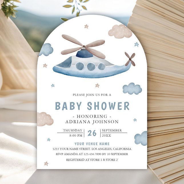 Invitación Cute Vintage Retro Blue Helicopter Baby Shower (Subido por el creador)