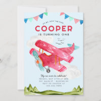 Cute Watercolor Aviation Sky Red Airplane Cumpleañ