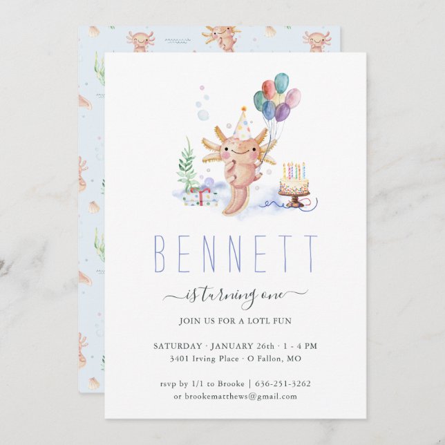 Invitación Cute Watercolor Axolotl Fiesta de cumpleaños (Anverso / Reverso)