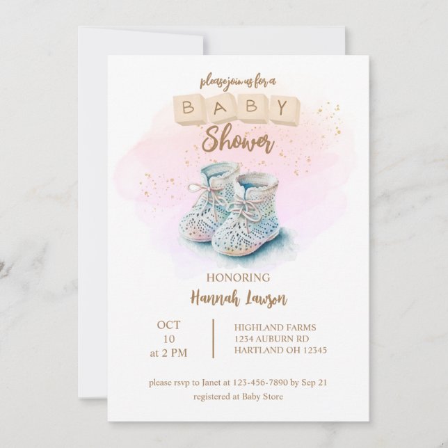 Invitación Cute Watercolor Baby Chica Baby Shower (Anverso)