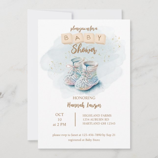 Invitación Cute Watercolor Baby Shoe Baby Shower (Anverso)