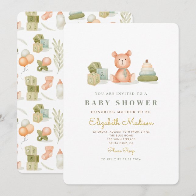 Invitación Cute Watercolor Baby Toys Baby Shower (Anverso / Reverso)