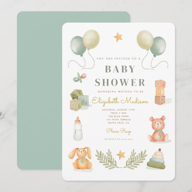 Invitación Cute Watercolor Baby Toys Baby Shower (Anverso / Reverso)
