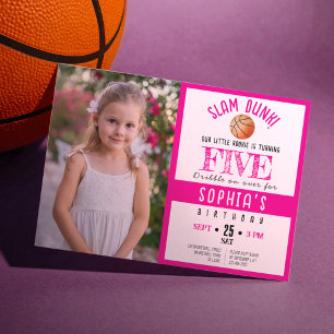 Invitación Cute Watercolor Basketball Foto Chica Cumpleaños