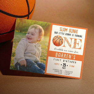 Invitación Cute Watercolor Basketball Foto Primer cumpleaños