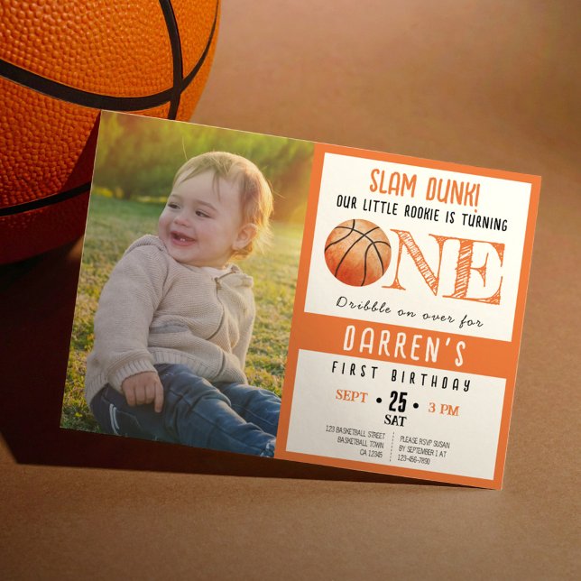 Invitación Cute Watercolor Basketball Foto Primer cumpleaños (Subido por el creador)