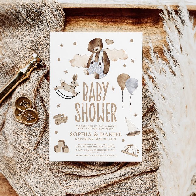 Invitación Cute Watercolor Bear Moderno Boho Baby Shower (Subido por el creador)