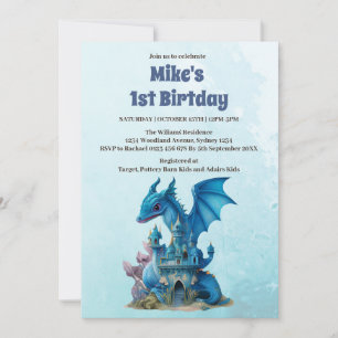 Invitación Cute Watercolor Blue Dragon 1er cumpleaños