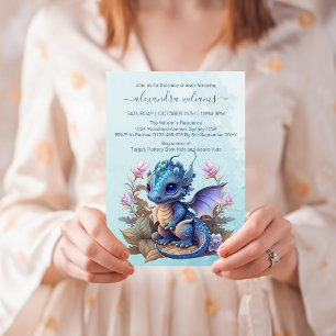 Invitación Cute Watercolor Blue Dragon Baby Shower