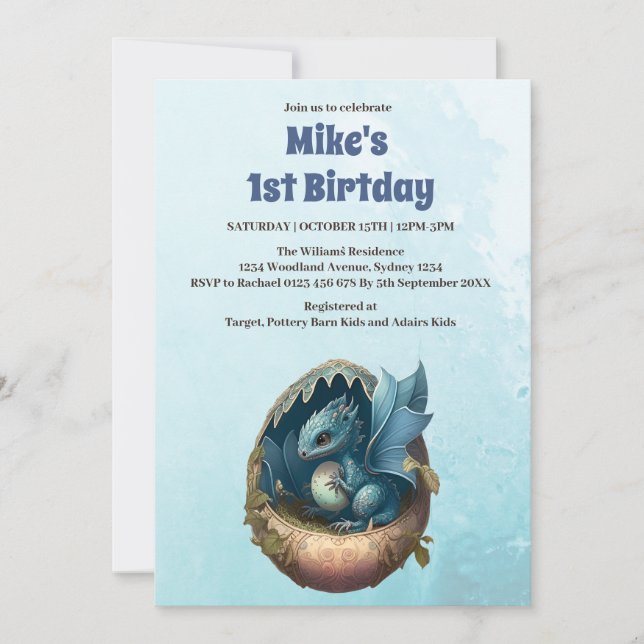 Invitación Cute Watercolor Blue Dragon Baby Shower (Anverso)