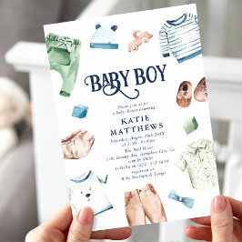 Invitación Cute Watercolor Boy Clothes BOY Baby Shower