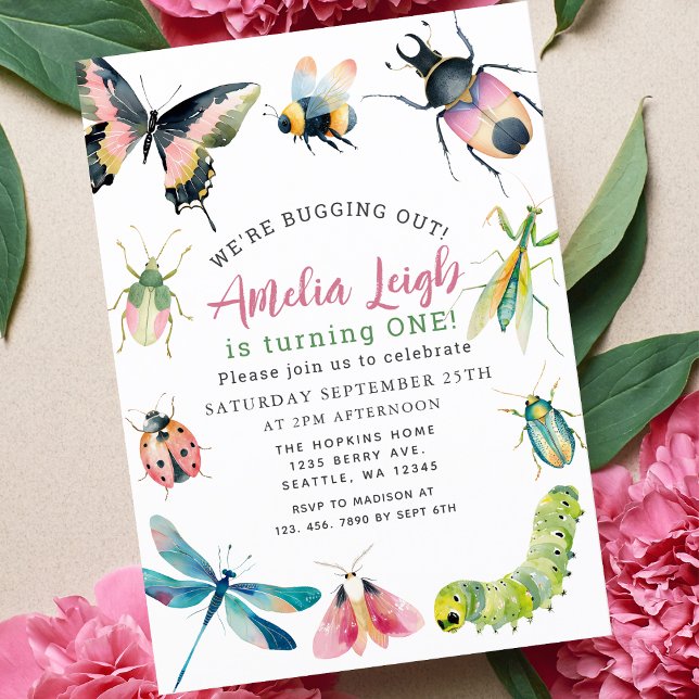 Invitación Cute Watercolor Bugs & Insects Girl 1st Birthday (Subido por el creador)