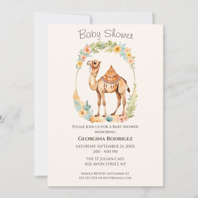 Invitación Cute Watercolor Camel Baby Shower (Anverso)