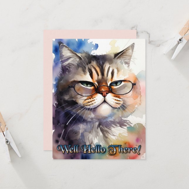 Invitación Cute Watercolor Cat Wearing Glasses Greeting Card (Anverso/Reverso In Situ)