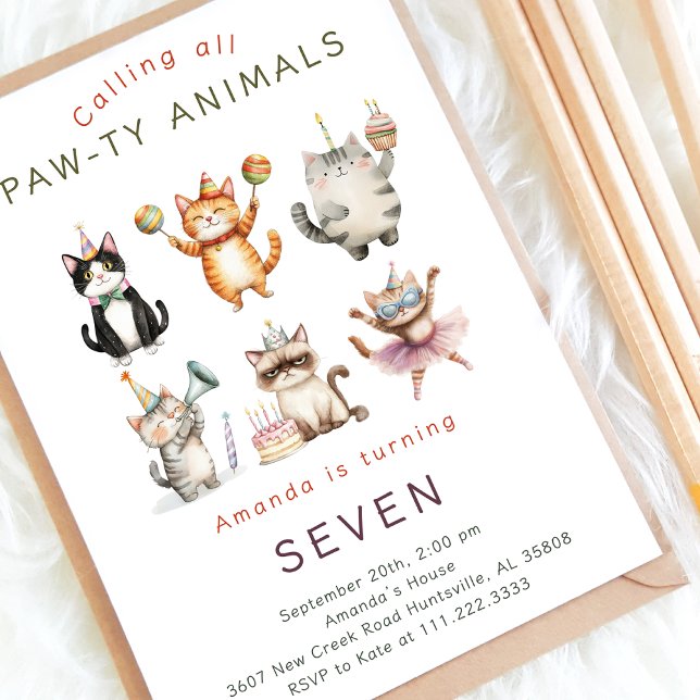 Invitación Cute Watercolor Cats Kitten Paw Ty Birthday Party  (Subido por el creador)
