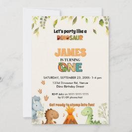 Invitación Cute Watercolor Dinosaur 1st Birthday Invitation