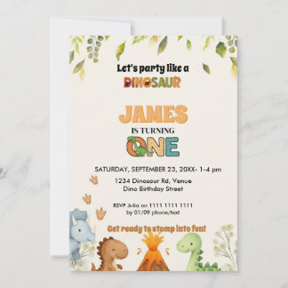 Invitación Cute Watercolor Dinosaur 1st Birthday Invitation
