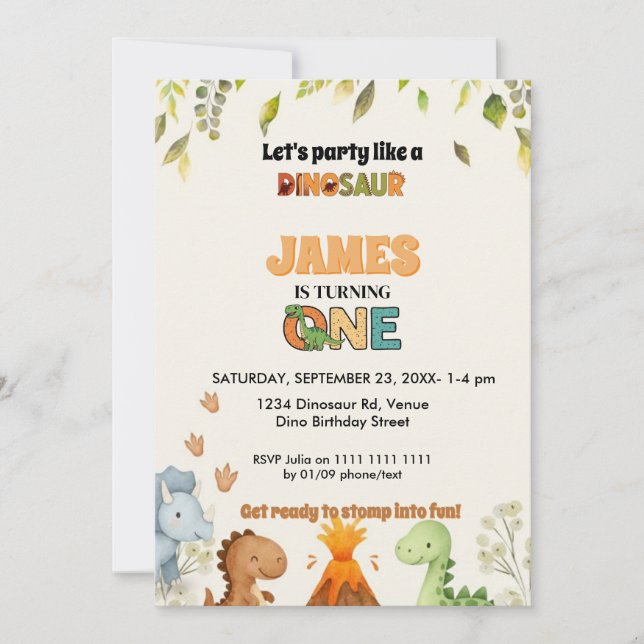 Invitación Cute Watercolor Dinosaur 1st Birthday Invitation (Anverso)