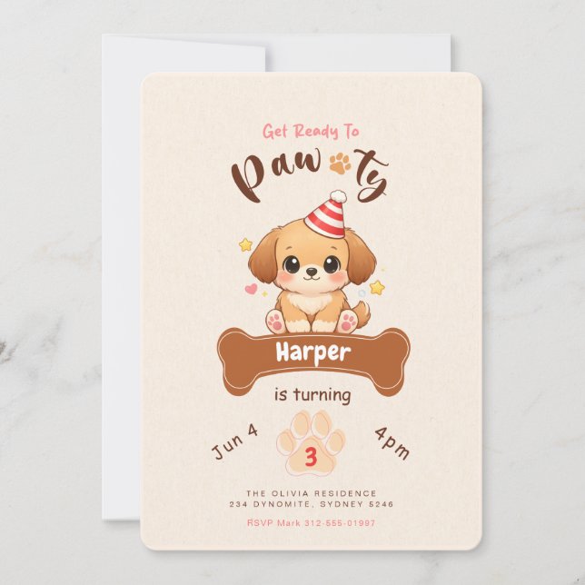Invitación Cute Watercolor Dog Puppy Pet Pawty Birthday Party (Anverso)