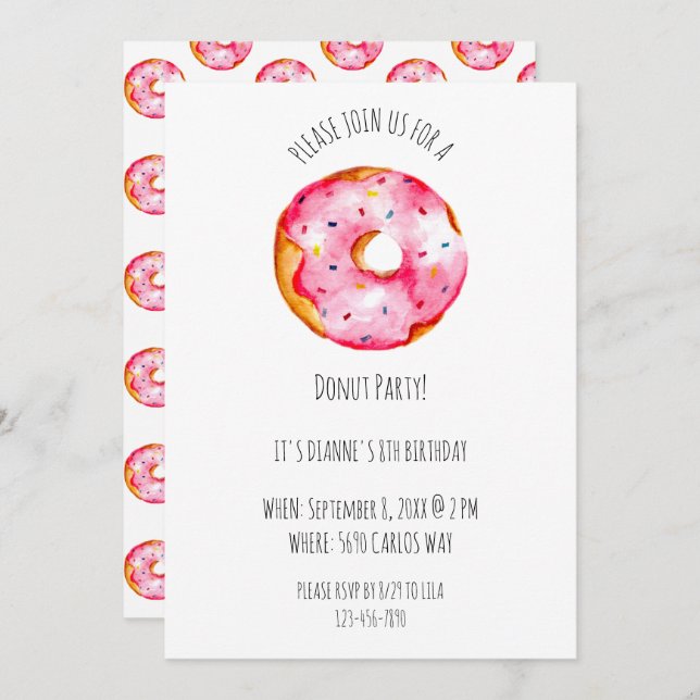 Invitación Cute watercolor Donut pink Glaze birthday (Anverso / Reverso)