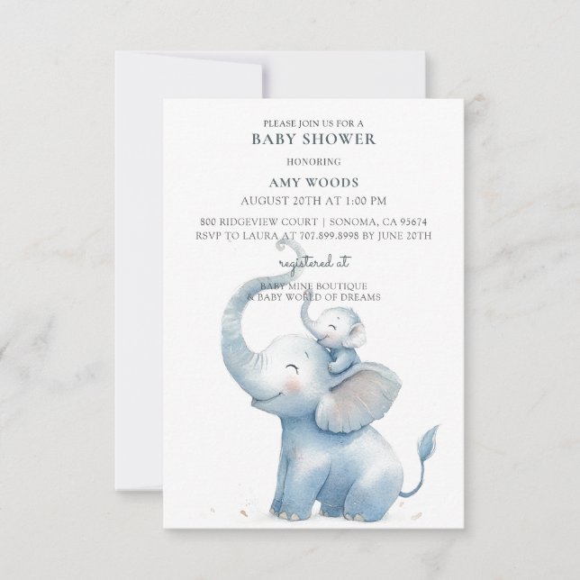 Invitación Cute Watercolor Elephant Baby Shower (Anverso)