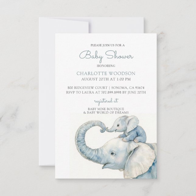 Invitación Cute Watercolor Elephant Baby Shower (Anverso)