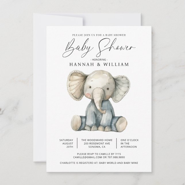 Invitación Cute Watercolor Elephant Baby Shower (Anverso)