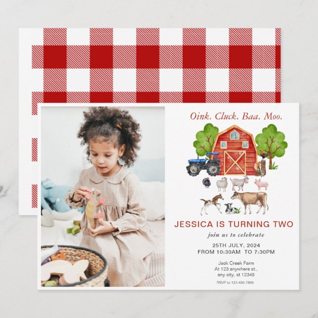 Invitación Cute Watercolor Farm Animales Niños Cumpleaños (Anverso / Reverso)