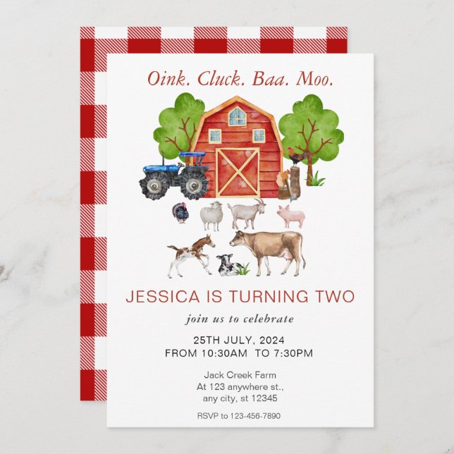 Invitación Cute Watercolor Farm Animales Niños Cumpleaños (Anverso / Reverso)