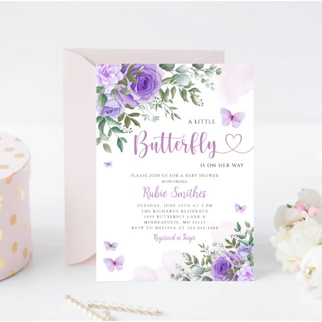 Invitación Cute Watercolor Floral Butterfly Girl Baby Shower (Subido por el creador)
