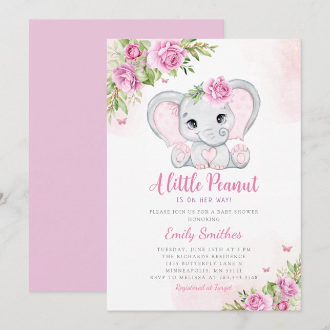 Invitación Cute Watercolor Floral Elephant Chica Baby Shower (Anverso / Reverso)