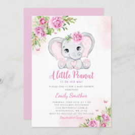 Invitación Cute Watercolor Floral Elephant Chica Baby Shower