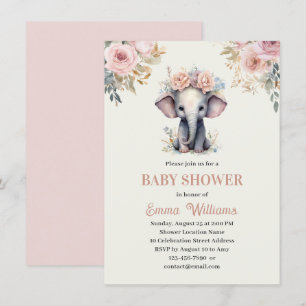 Invitación Cute Watercolor Floral Elephant Chica Baby Shower