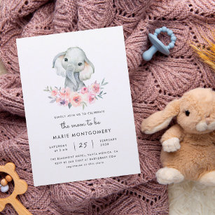 Invitación Cute Watercolor Floral Elephant Chica Baby Shower