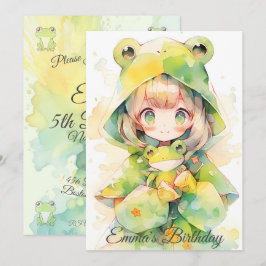 Invitación Cute watercolor frog girl birthday