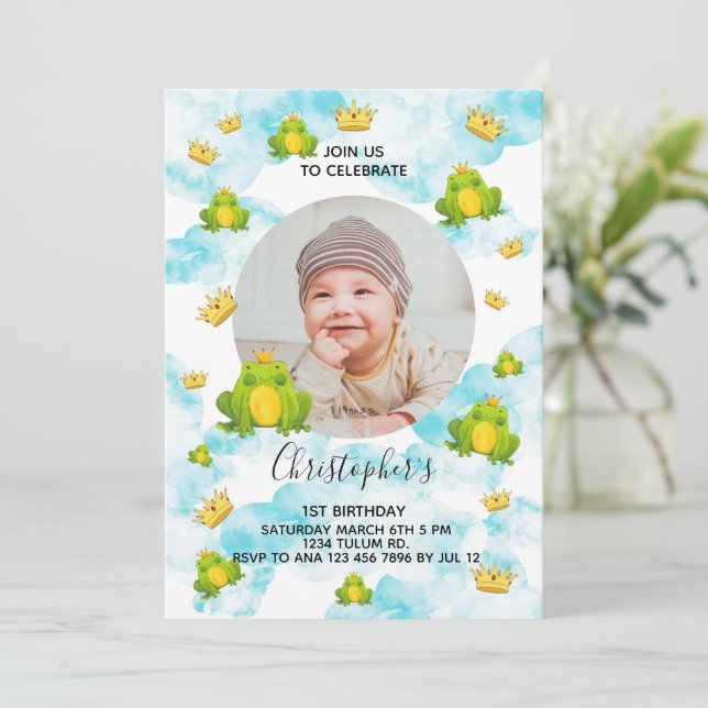 Invitación Cute Watercolor Frog Primer cumpleaños (Anverso de pie)