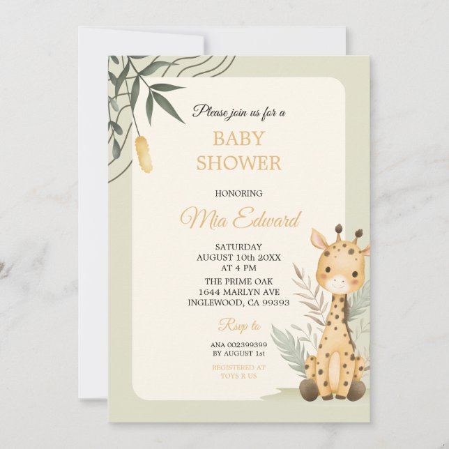 Invitación Cute Watercolor Giraffe Baby Shower Design (Anverso)
