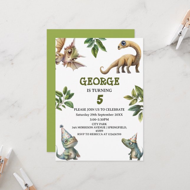 Invitación Cute Watercolor Kids Dinosaur Theme Birthday (Anverso/Reverso In Situ)