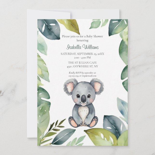 Invitación Cute Watercolor Koala Bear Baby Shower (Anverso)