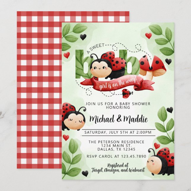 Invitación Cute Watercolor Ladybug Beetle Insect Baby Shower (Anverso / Reverso)