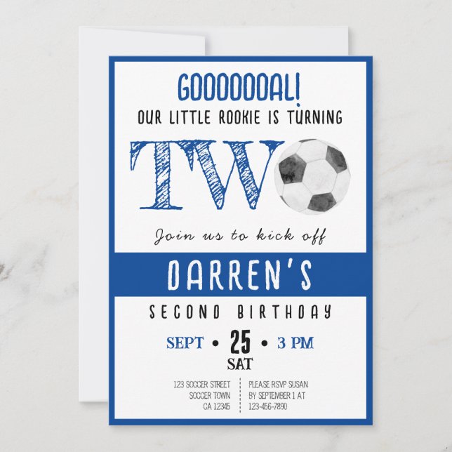 Invitación Cute Watercolor Little Rookie Soccer 2º cumpleaños (Anverso)