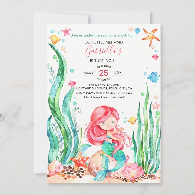 Invitación Cute Watercolor Mermaid Under the Sea Birthday Inv (Anverso)