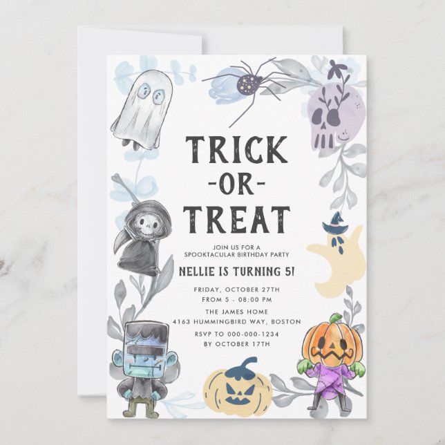 Invitación Cute Watercolor Monsters Halloween Birday Party (Anverso)