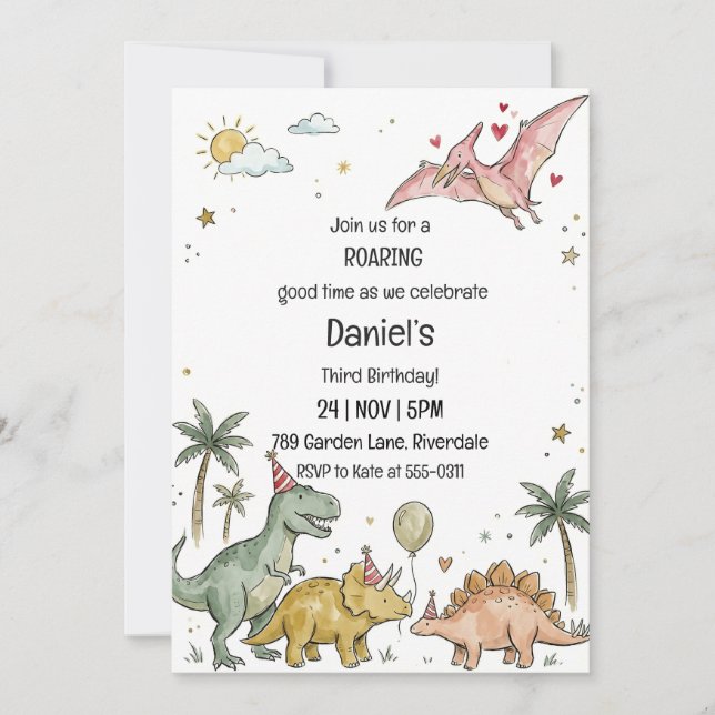 Invitación Cute Watercolor Pastel Dinosaur Third Birthday (Anverso)