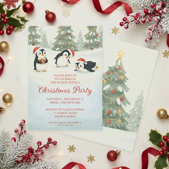 Invitación Cute Watercolor Penguins Christmas Forest (Subido por el creador)